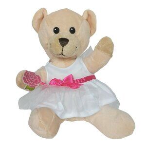 Beige Teddy Bear White Dress Pink Bow Plush 8"